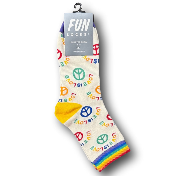 3/$18 "Love Is Love" Rainbow Peace Signs Funny Novelty Quarter Crew Socks - NWT - Picture 3 of 4